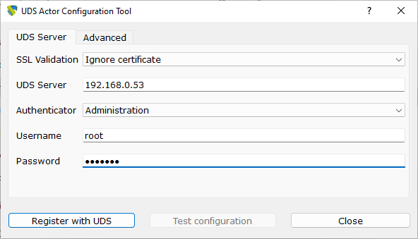 UDSActorConfig for Microsoft Windows. Вкладка «UDS Server»